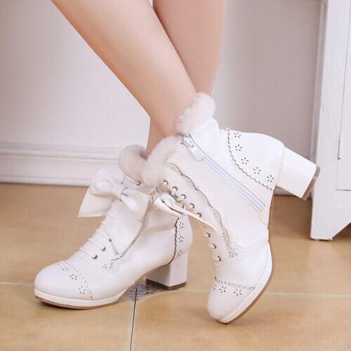 Sweet Lady Cosplay Platform Short Ankle Boots 2019 Winter Woman Snow Boots New Fashion Bow Lace Lolita High Heels Student Shoes