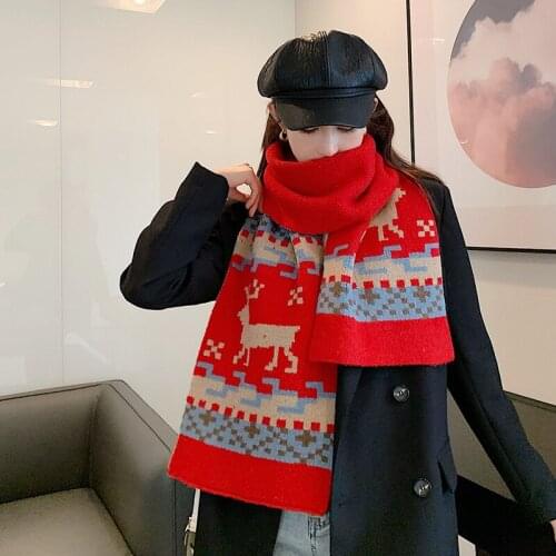 Winter 2020 new Christmas elk thickened warm womens scarf elk pattern knitting wool scarf windproof long shawl Festival scarf
