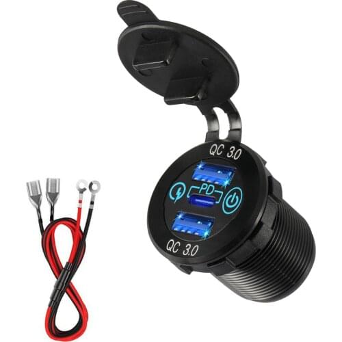 60W Dual QC 3.0 USB & PD Type-C Triple Socket 12-24V Aluminum Car Charger with Touch Switch Waterproof for Car Boat Marine RV