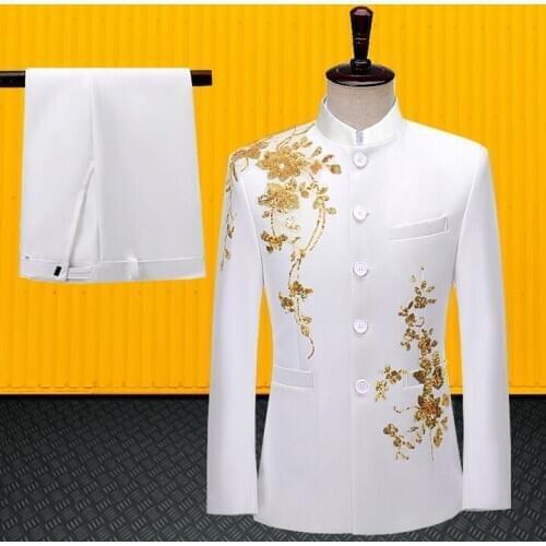 Sequin decals blazer men groom suit set with pants mens wedding suits costume singer stage clothing white formal dress