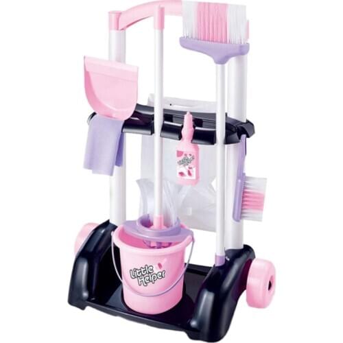 Kids Cleaning Trolley Toy Pretend Play Toy House Cleaning Cart Tools Girls Cleaning Playset Trolley with Mop and Brush