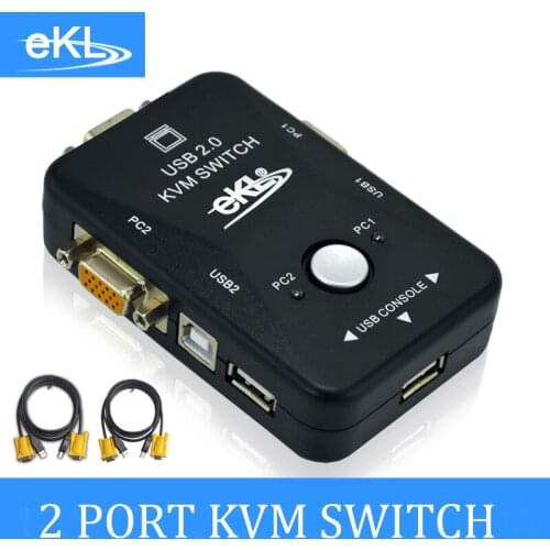 EKL 2 Port KVM USB VGA Switch KVM Switcher Box with Control Button include connect cable