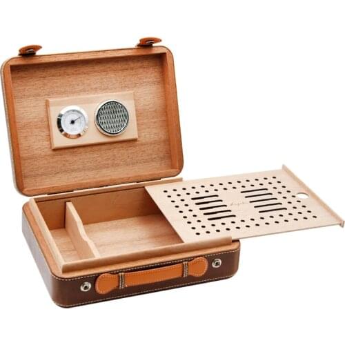 Elegant Leather Cedar Wood Mat Tote Style Snow Pine Cigar Cigarette Box Outdoor Travel Portable Cigar Humidor Tool Fit Cohiba