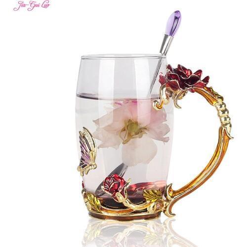2017 Luxury upgrade enamel glass of rose bowl heat-resistant crystal glass coffee cup couples creative gift flower tea cup
