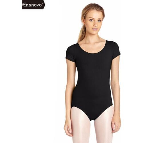 Ensnovo Women Dance Wear Ballet Thong Gymnastics Leotard Justaucorp Black Unitard Short Sleeve Custom Skin Costumes