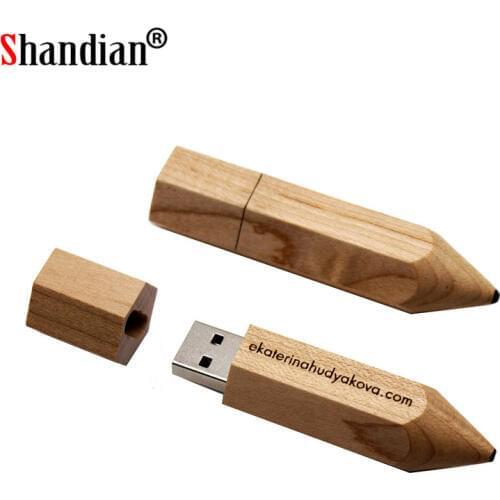 SHANDIAN Wooden Pencil USB 2.0 Flash Drive 4GB 8GB 16GB 32GB 64GB 128GB Pen Drives Student Gifts Memory Stick Free Custom LOGO