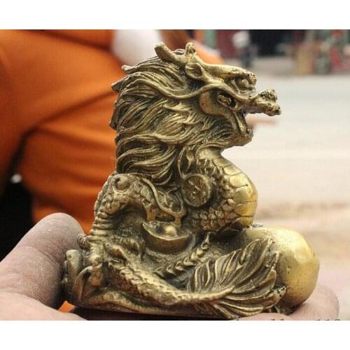 Folk Chinese Fengshui Brass Yuanbao Money Dragon Play Ball Lucky Statue Figurine