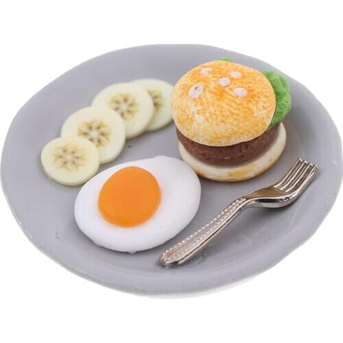 1 Pcs 35mm Hamburger Egg Dish with Tray 1:12 Miniature Breakfast Set Dollhouse Kitchen Food Accessories