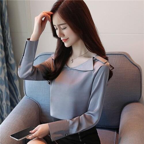Korean version of the V-neck satin long-sleeved chiffon shirt womens one-shoulder shirt with clavicle loose and thin