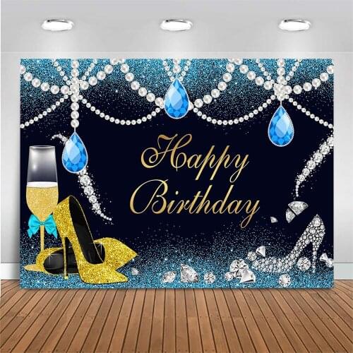 MOCSICKA Glitter Adult Birthday Backdrop Sapphire Diamond Women Birthday Party Banner Photo Background High Heels Decorations