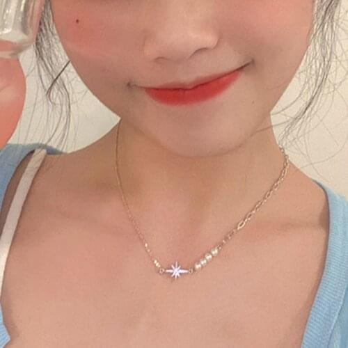 Fashion Pearl Short Necklace Zircon Eight Pointed Star Necklaces Link Circle Chain for Women Minimalist Choker Necklace Jewelry