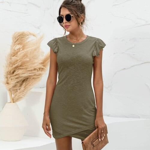 New Ruffle Sleeve Bodycon Mini Dress Womens Summer Casual O Neck Solid Slim Cross Hem Pakage Hip Pink Black Tshirt Dress Female
