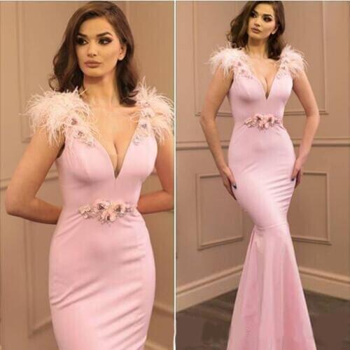2019 Prom Dresses Mermaid V Neck Elastic Satin Floor Length Evening Gowns With Feather Hand Made Flower