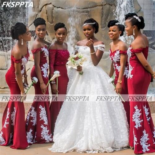 Off The Shoulder Red Mermaid Wholesale Bridesmaids Dresses Corset White Lace African Maids Of Honor Gowns Plus Size