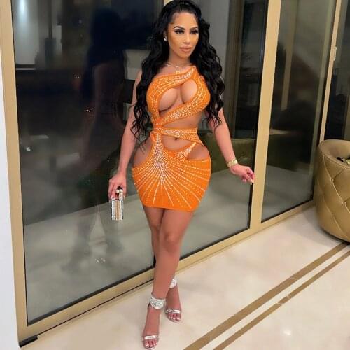 Rhinestone Mesh Sheer Birthday Dresses for Women Club Wear One Shoulder Hollow Out Sexy Bodycon Dress Glitter Party Mini Dress