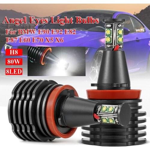 2PCS Angel eyes led Fog Light 80W H8 6500K for BMW E90 E92 E82 E87 E60 E70 X5 X6 Halo Light Bulb car Headlight Lamp