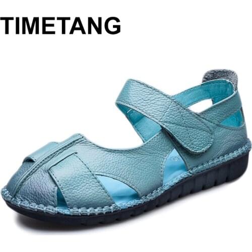 TIMETANG 2018 Summer Genuine Leather Handmade Mother Sandals Soft bottom Casual Woman shoes Fashion Cut-Outs Flat Womens Sandal