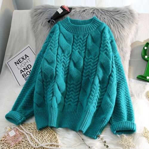 Green thicken warm knitted women sweaters and pullovers winter new lady all match pulls outwear coat tops