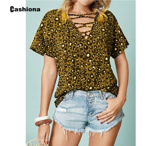 Plus Size Ladies Sexy Leopard Print T-shirt Fashion Lace-up V-neck Womens Top Latest 2021 Summer Tees shirt ClothingP