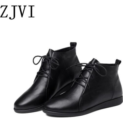 ZJVI Women Wedges Heels Ankle Boots Woman Genuine Leather Winter Autumn Ladies Mother Girls Causal Lace Up Shoes Black Heel 2020