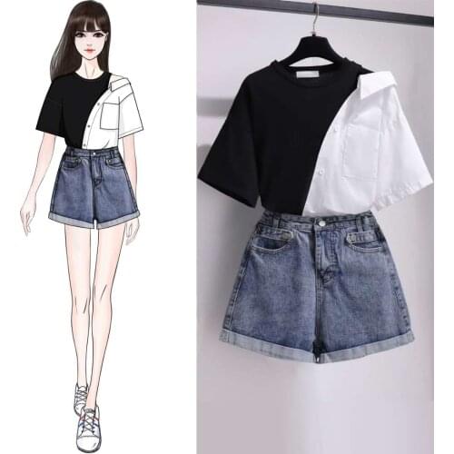 2020 Summer korean two pieces set women patchwork one shoulder top blouse and blue wide leg denim shorts set women 2 pcs outfits