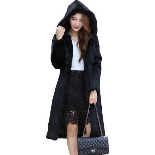 Lady Real Wholeskin Rabbit Fur Coat Jacket With Hoody 100CM Length Winter Genuine Women Fur X-Long Trench Outerwear Coats LF4278