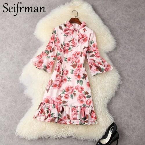 Seifrmann New 2021 Summer Women Fashion Runway Party Mini Dress Flare Sleeve Ruffles Bow Floral Printed Elegant Ladies Dresses