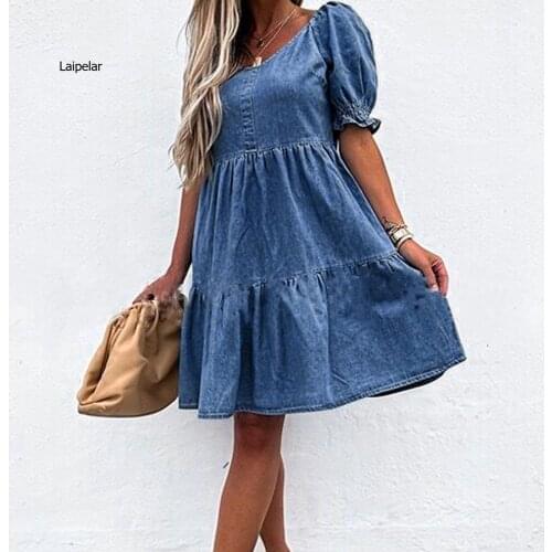 2021Ruffles Denim Dress Womens Elegant Vintage Buttons Hubble-bubble Sleeve Casual Loose Sexy Cowboy Mini Dresses