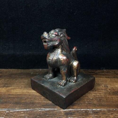 4"Tibet temple Old Bronze Lacquer Cinnabar statue of brave troops seal Lion statue Town House Exorcism Town House