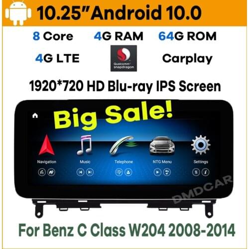 10.25" Snapdragon CPU Android 10 Car Multimedia Player GPS Radio for Mercedes Benz C Class W204 S204 2008-2014 8Core 4+64G