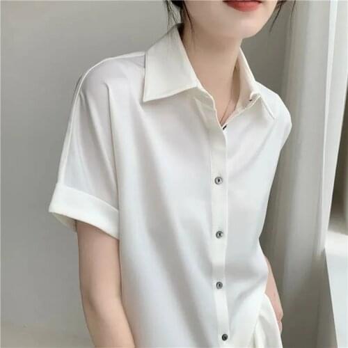 White satin short-sleeved shirt women summer satin blouse commuter interview shirt thin blouse women Button