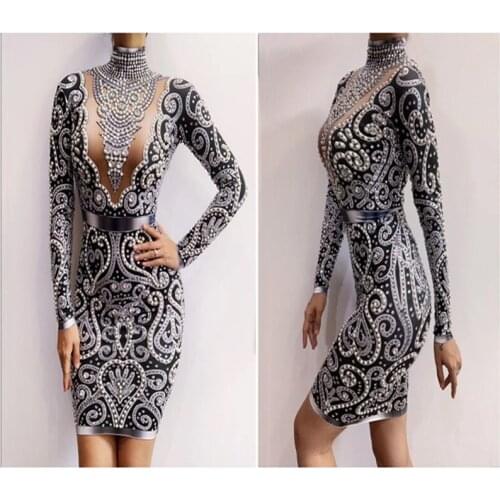 Sparkly Rhinestone Pearl Long Sleeve Dress Women Party Bodycon Mini Dress Female Singer Dance Costume Birthday Sexy Club Outfit