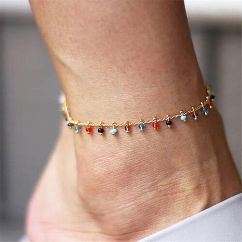 Beach Colored Rice Bead Tassel Pendant Anklets Exquisite Handmade Gold Chain Adjustable Ankle Bracelet Barefoot Anklet Jewelry