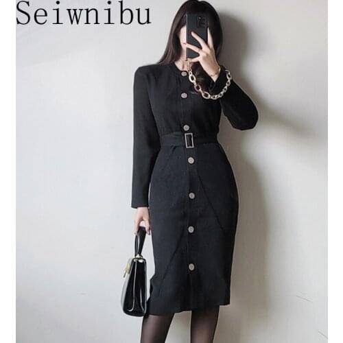 Elegant O-neck Single-breasted Women Solid Sweater Dress OL Style Long Sleeve Belted Knitted Mid-length Dress Female