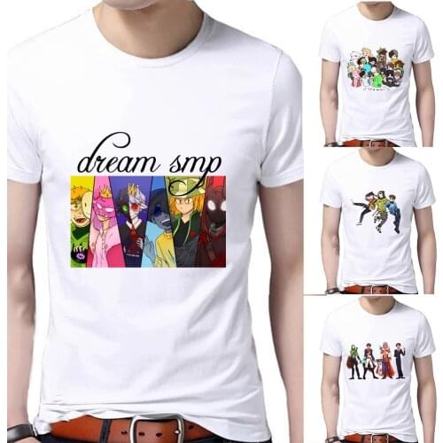 Kawaii Clothes Dream SMP War Anime Cartoon Cute T Shirts For Men Smile Boys Print Game Lmanberg Flag Banner Tshirt Short Sleeve