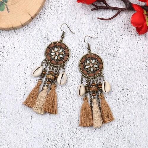 Hot Sale European And American Fashion Sun Flower Tassel Earrings Shell Pendant Long Earrings