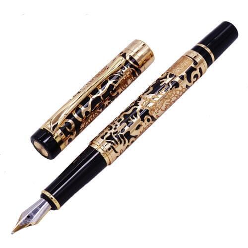 Jinhao 5000 Vintage Luxurious Metal Fountain Pen Beautiful Dragon Texture Carving, Black & Golden Ink Pen for Office Business