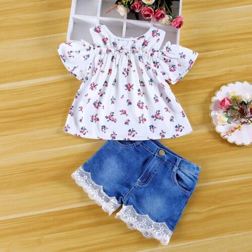 Summer Korean Baby Girls Clothing Set Newborn Infant Baby Girls Off Shoulder Print Tops Shirt+denim Pants Outfits Kids Clothes