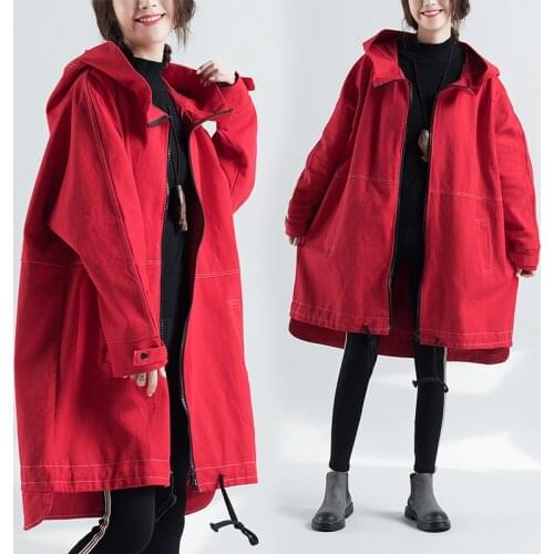 Korean Hooded Plus Size Denim Jacket Womens Basic Coat Zipper Cardigan Mid-Length Clothes Autumn New Red Windbreaker Female