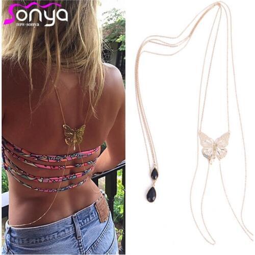 Hot Sexy Bikini Long Body Chain Bare Back Gold Butterfly Pendant Fashion Women Body Jewelry 3K3029