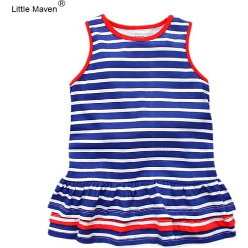 Little Maven 1-6Years Girls Sleeveless Dresses 100% Cotton blue white stripes stripes Knee-Length O-neck children clothing