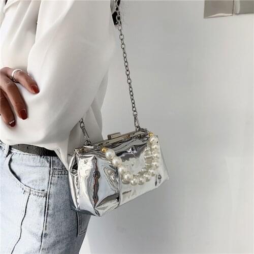 Pearl Chain Small Hand Bags for Women 2021 Trend Patent Leather Shoulder Bag Ladies Chain Fashion Luxury Designer Satchel Female