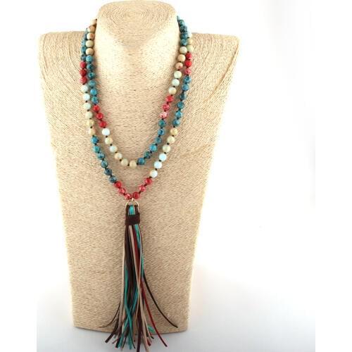Fashion Bohemian Tribal Jewelry 108pc Stone Beads Knotted Multi Long Tassel Necklace Women Ethnic Necklace