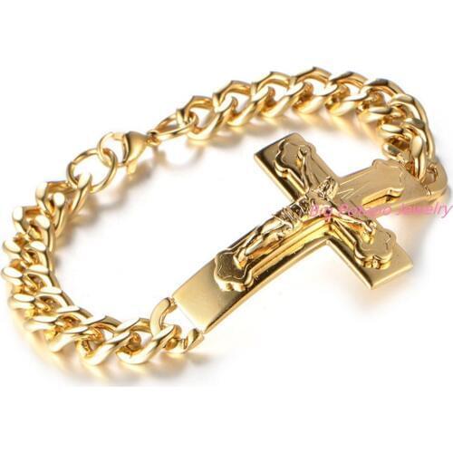 Fashion Men Jewelry Gold Cross Design Stainless Steel Bracelet Men Personality Link Chain Mens Bracelets Bangles