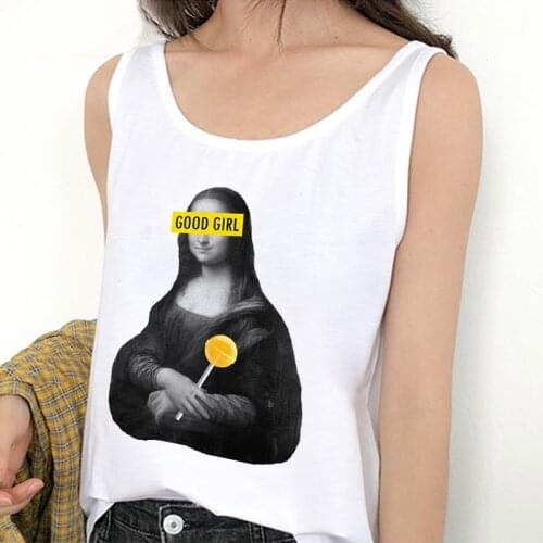 Fashion Vest Tank Tops Summer Women Sexy Camisole Spoof Mona Lisa Fun Print Casual Loose Sleeveless 90s Female T-shirt Plus Size