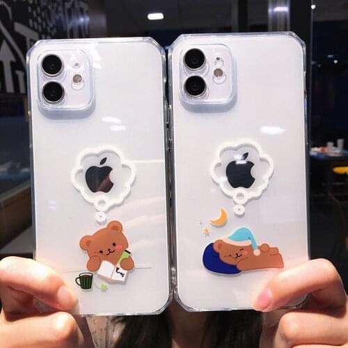 Korean Sleeping Working bear Soft TPU Case For iPhone 12 ProMax 11Promax XMAX XR 7 8 Plus SE 2020 Cute Cartoon Transparent Cases