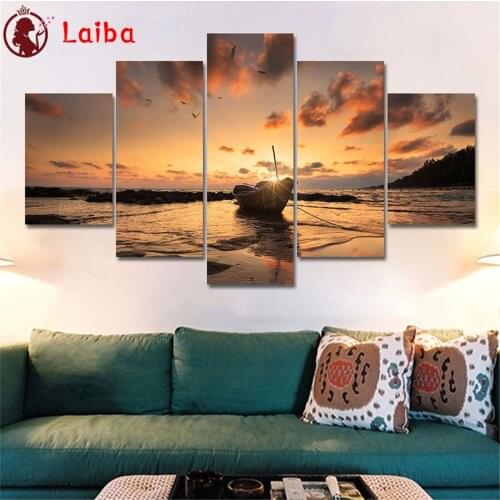 DIY Diamond Painting Sunset seascape boat Diamond Mosaic Full Drill Square Embroidery round Cross Stitch Handmade Hobby5pcs