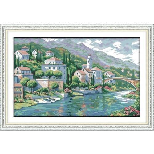 River Town Printed Cross Stitch Pattern Kits Counted Canvas Embroidery Sets 11CT 14CT DIY Crafts For Needlework Home Decorations