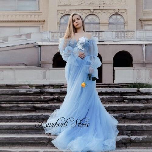 Sky Blue Puff Long Sleeves Tulle Prom Gowns Sweetheart Floral Appliques Event Party Dress Floor Length Lace-up Back Vestidos