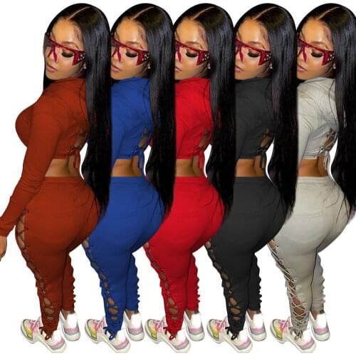 Solid Bandage Grommet Tracksuit Women Casual Backless Cross Lace Up Hooded Crop Top Pants Slim Two Piece Set Outfits Streetwear